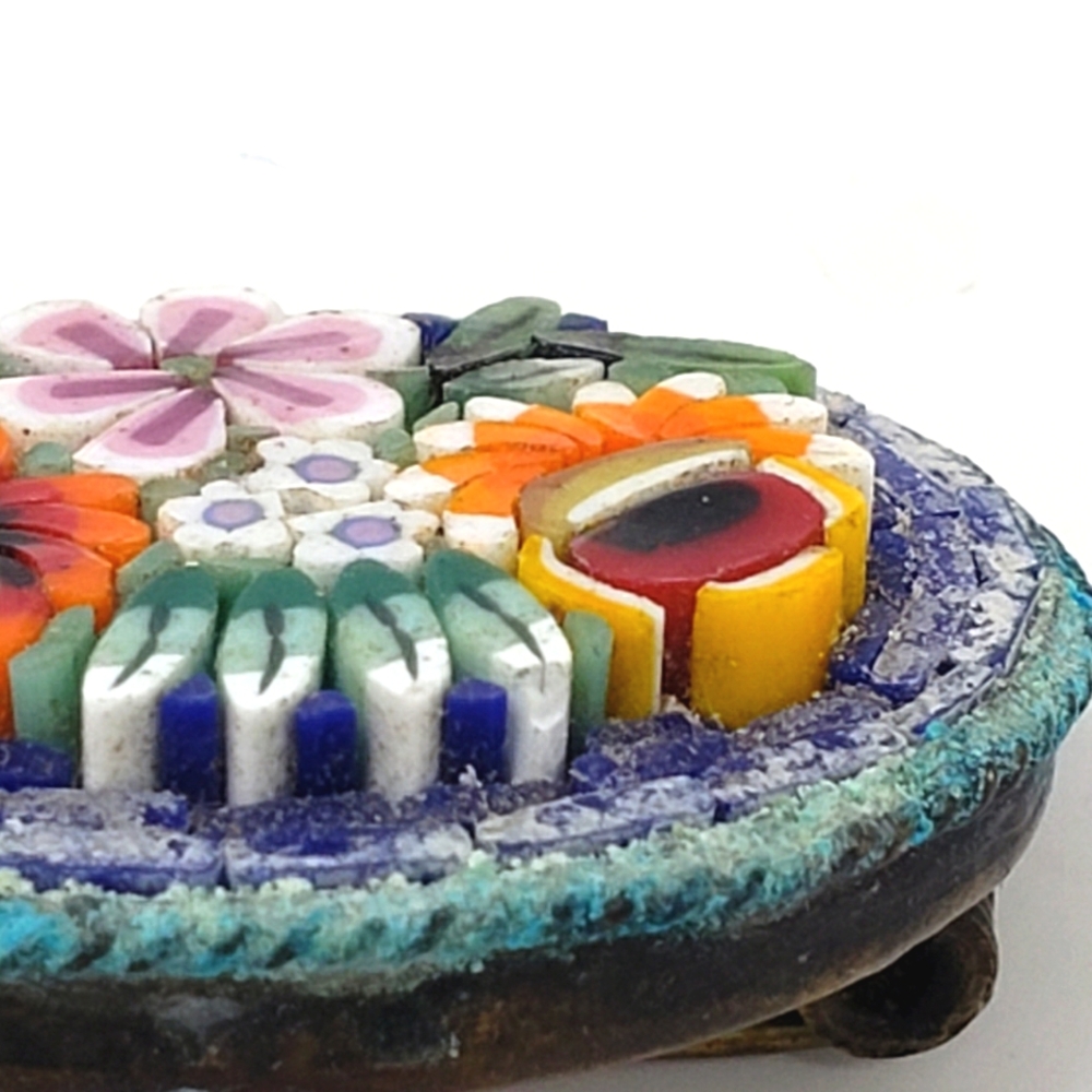 Vintage Micro Mosaic Raised Floral Oval Pin Brooch Purple Teal C Clamp - Picture 8 of 12